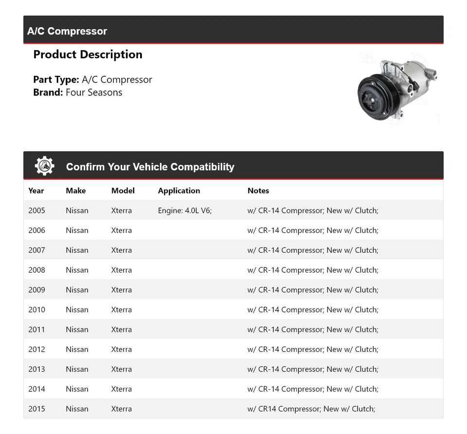 Compresor de aire acondicionado Nissan Xterra 2005-2015 4 estaciones 2006 2007 2008 2009 2010 Foto 2 de 4