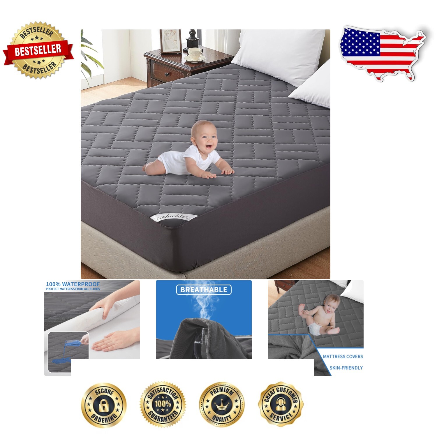 Ultra-Soft Gray Quilted Mattress Protector for Full Beds - 21