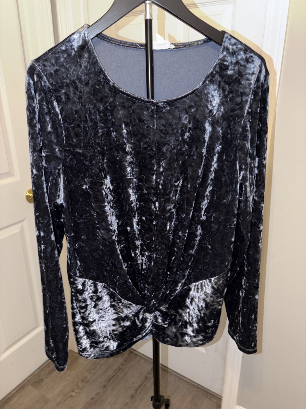 Pleione Womens Long Sleeve Blue Crushed Velvet Velour Top Size Large Holiday EUC