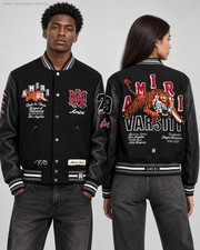 AMIRI Men’s Black Varsity Jacket – Leather Sleeves, Logo Patch, Tiger Design