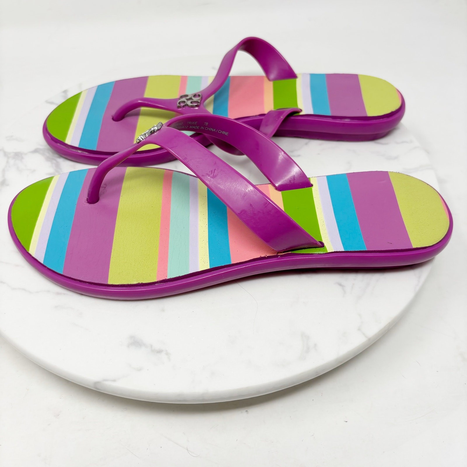 SAOLA Infradito Coach Trixie donna taglia 7 rosa brillante jelly suola logo a righe