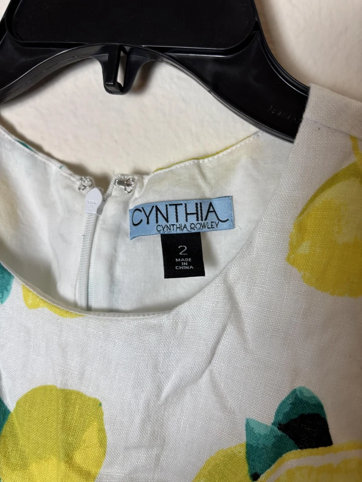 Cynthia Rowley 100% Lino Talla 2 Estampado Limón Sin Mangas Ajuste Acampanado Verano Informal Foto 2 de 4