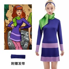 Cosplay Scooby Doo Daphne Purple Dress Scarf Costumes Halloween Masquerade Suits