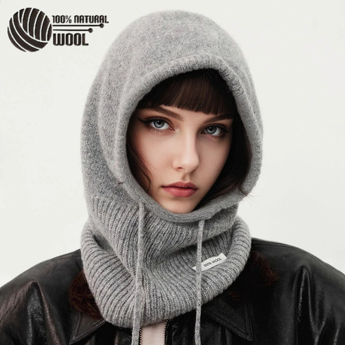 100% Wool Knit Balaclava Hood Hat for Women Winter Warm Neck Scarf