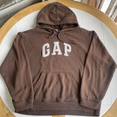 Vintage GAP Hoodie L Brown Spellout Y2K Pullover Boxy Fit Essential Streetwear
