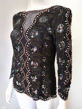 90s VINTAGE Silk Sequin Beads Pearl embellished Rhinestone Party top Glam S