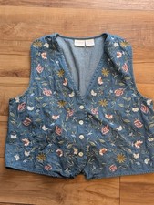 Vintage 90s Floral Embroidered Denim Vest Cottagecore Whimsy Womens Sz L