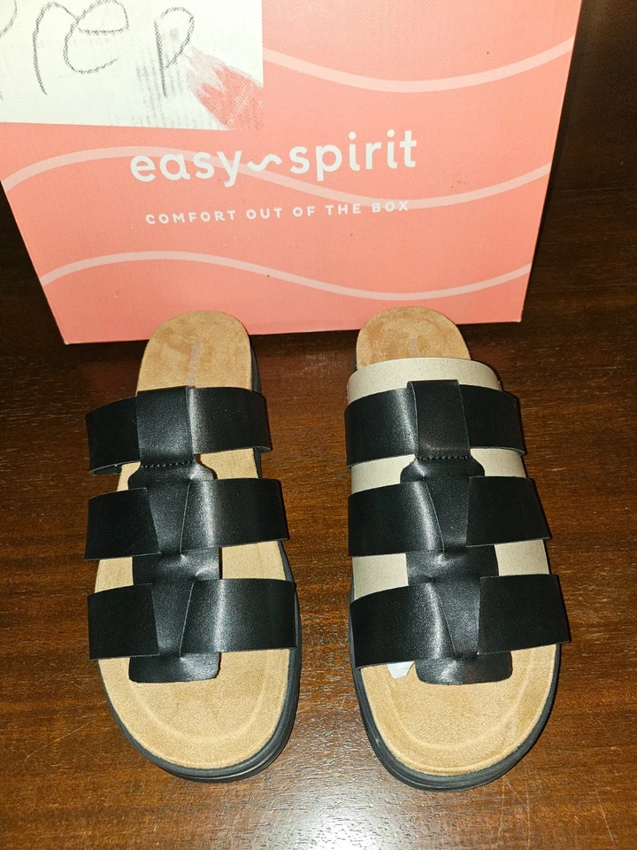 Sandalias Easy Spirit para mujer 9 anchas Salana 3 extensiones negras imitación cuero informales abiertas Foto 2 de 4