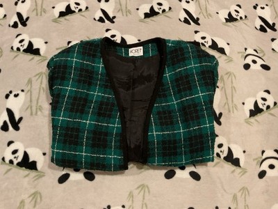 Koret Women s Blazer Size Large Green Black Plaid Tweed Long Sleeve Open