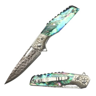 Elk Ridge Manual Folded Knife w/Damascus Blade,Abalone Handle&Ball Bearing Pivot
