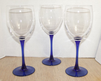 Luminarc France Cobalt Blue Stem 12oz Wine glasses 8'' Set Of 3, Made in FRANCE