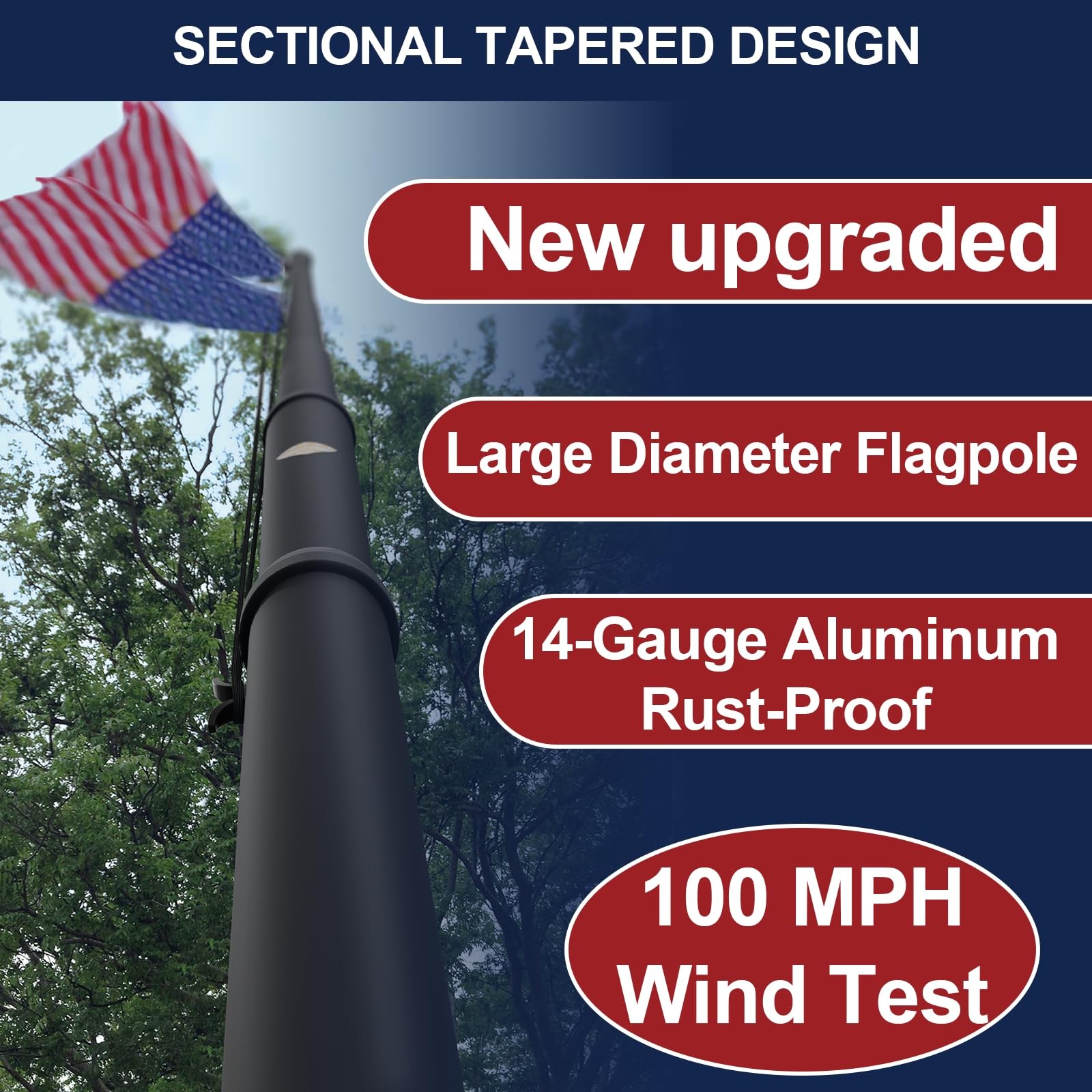 25FT Heavy Duty Flag Pole Kit with Solar Light,5x3 USA Flag,2.7" Large Diamet...