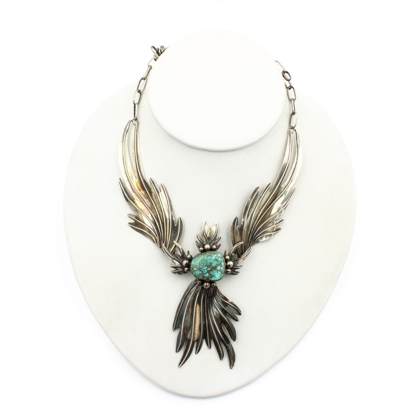 San Felipe Signed Ramone Dennis Sterling Turquoise Feather 18" Necklace #S5419-2