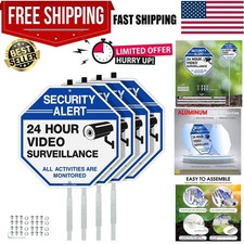 Security Sign Video Surveillance Sign with 42" Stake, 4-Pack 10"x10" Rust Fre...