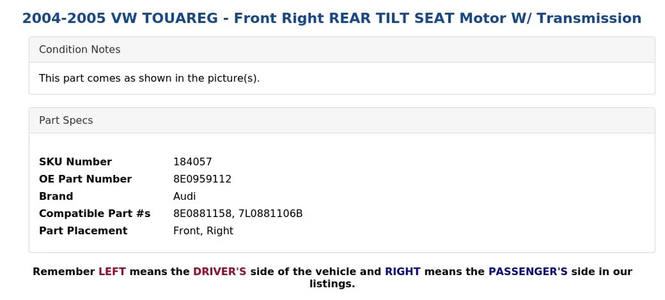 VW TOUAREG 2004-2005 - Motor asiento delantero derecho inclinable trasero con transmisión Foto 3 de 4