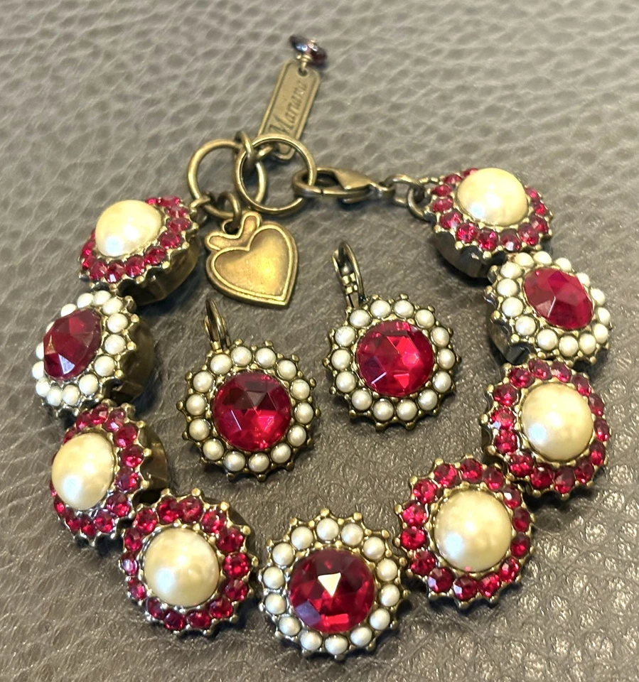 Mariana Siam Red Rhinestone Crystals & Faux Pearls Bracelet Earrings Set - Image 3 of 4