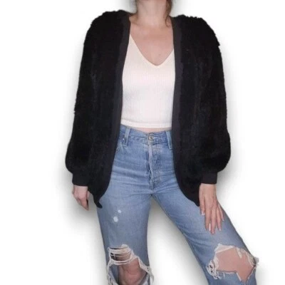 Adrienne Landau Open Front Black Rabbit Fur Jacket - Image 1 of 4