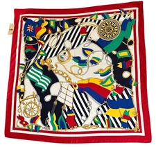 Vintage Nautical Scarf Square Boat Knots Flags Blue Red Gold Ocean sail yacht