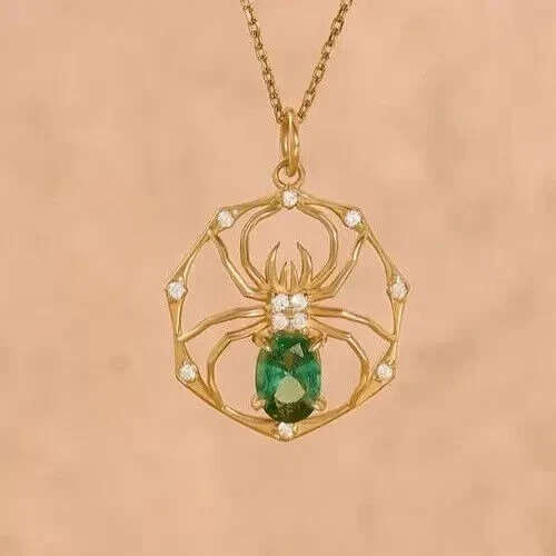 Colgante araña esmeralda simulada ovalada de 2 quilates para mujer + cadena enchapada en oro amarillo de 14 quilates Foto 2 de 4
