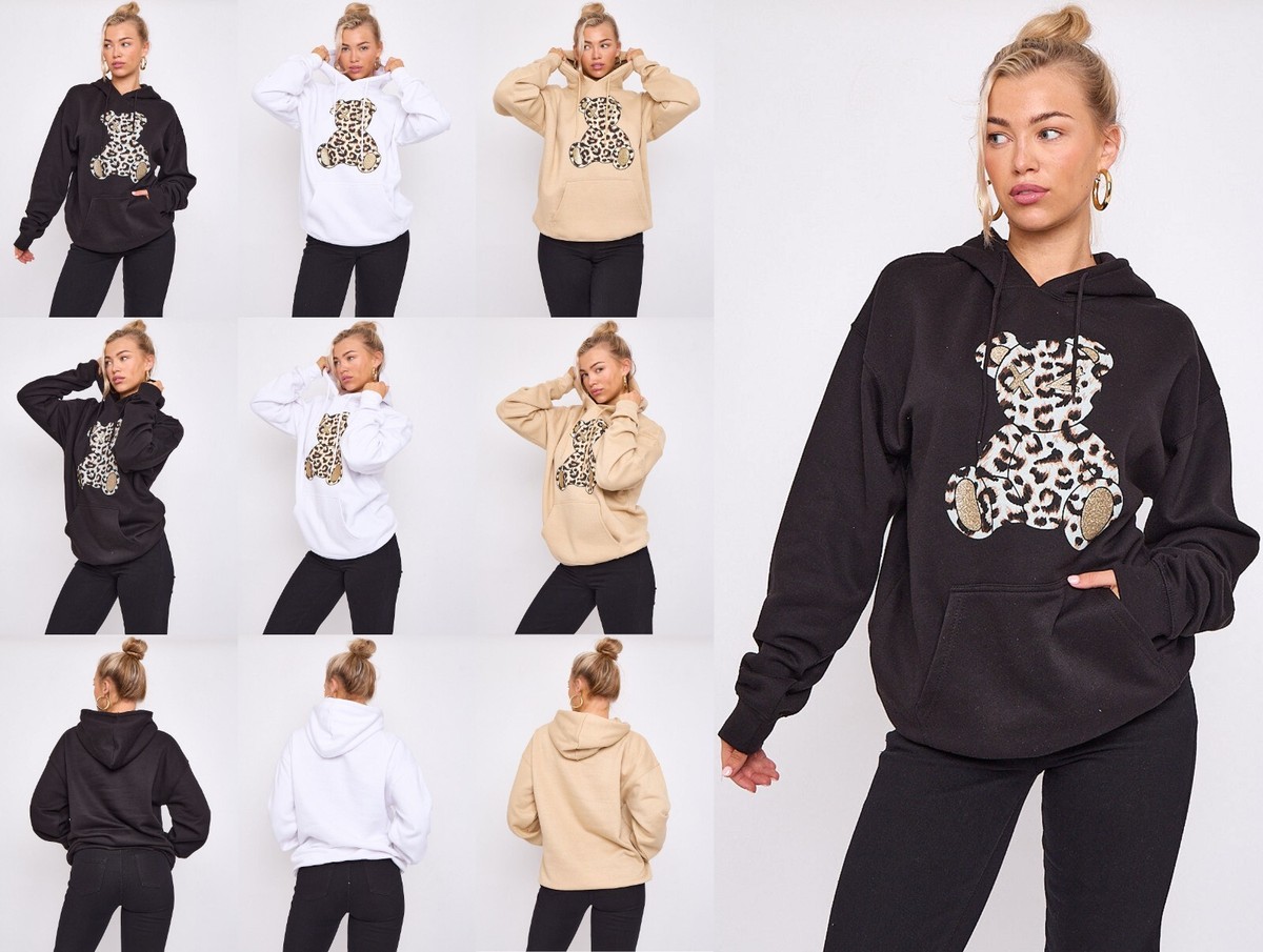 Womens Oversized Leopard Print Teddy Bear Graphic Hoodie