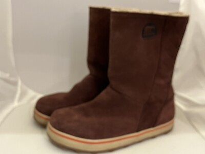 Sorel Maroon Suede Insulated Mid Calf slip On Winter Boots Sherpa Fleece Sz 7.5