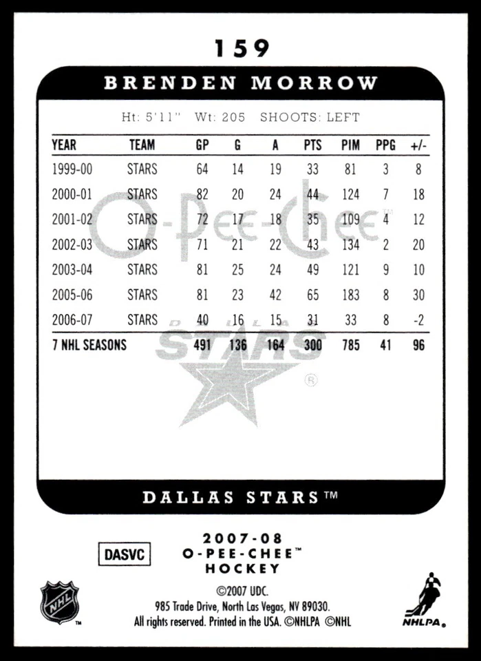 2007-08 O-Pee-Chee Micromotion Brenden Morrow Dallas Stars #159 - Image 2 of 2