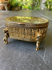 NEEDS REPAIR Vintage 1960's Cherub Jewelry Keepsake Trinket Box Beveled Glass