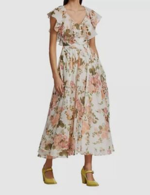 $1395 Erdem Women's White Theophilia Floral Cotton Silk Dress Size