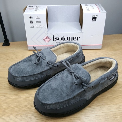 ISOTONER Mens Moccasin Slippers Size 9.5 10.5 Gray Microsuede Lined Memory Foam