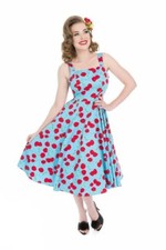 H&R London Martina Robe Bleu Rouge Cerises Rétro 50's Style Pinup Rockabilly