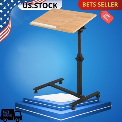 NEW Adjustable Overbed Laptop Desk Rolling Bedside Table with Wheels Wood