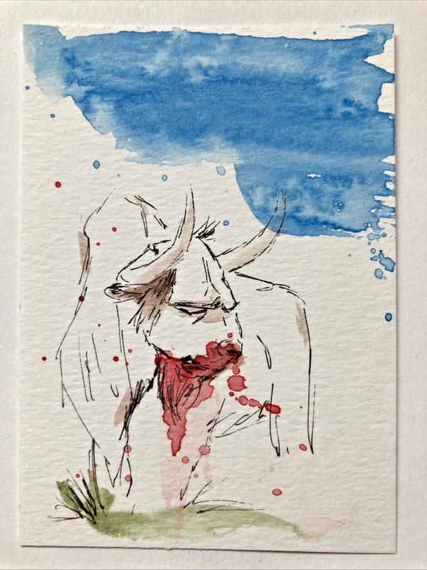 ACEO Original Watercolor Painting ATC Artist Trading Card OOAK Bull Cow