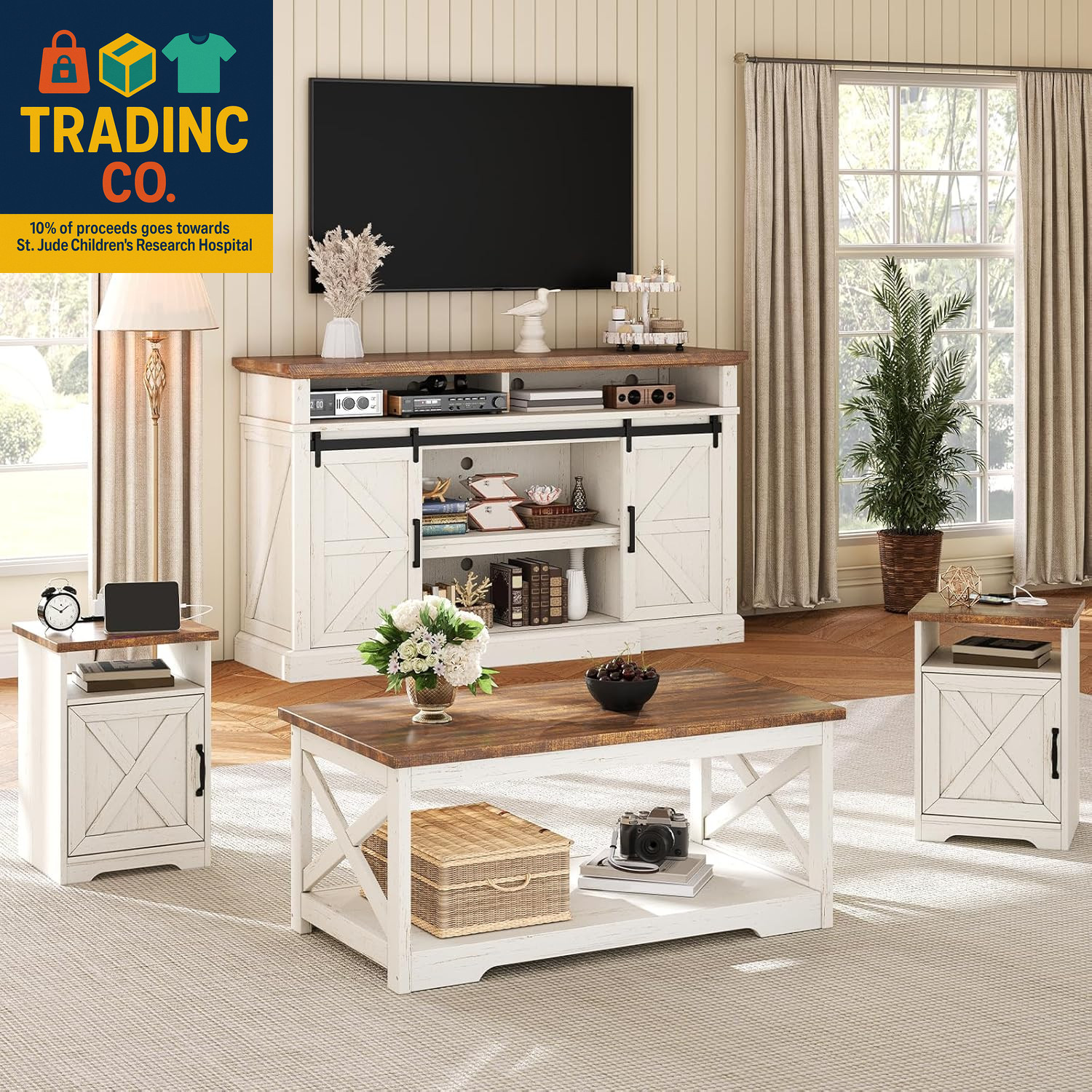 4-Piece Farmhouse Living Room Furniture Set with 66" TV Stand, Coffee Table & 2