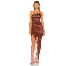 Nookie Mecca Asymmetrical Gown S Ruched Mesh Chiffon Sleeveless Chocolate NWD
