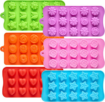 6 Pcs Flower Silicone Chocolate Molds Set, 15-Cavity Rose Heart Star Candy Mold