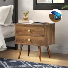 Wood Nightstand with Charging Station - 20" W x 14" D x 24" H Wooden Bedside ...