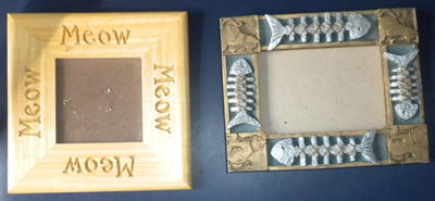 2 Picture Frame Cat Themed Meow Kitty Fish Bones Wood 3 x 3,  4.5 x 3 FETCO