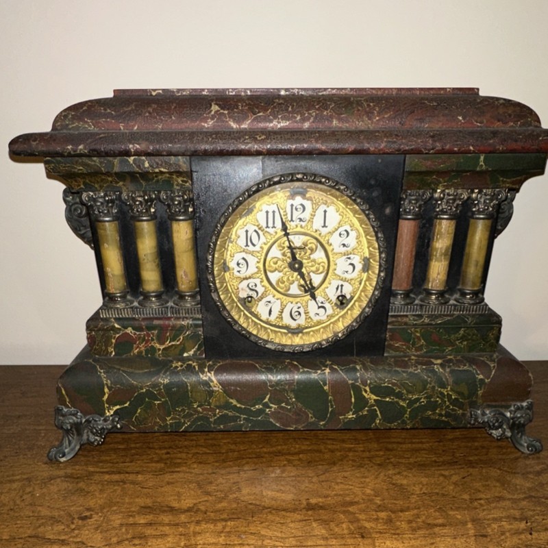 Antique Victorian Mechanical Mantel Clock, Ornate Columns, Metal Feet, Multicol…