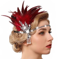 1920s Flapper Feather Headpiece Leaf Rhinestone Headband Roaring 20s Headwear...