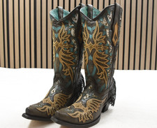 Corral Ladies Black Tan Overlay Inlay Embroidery Leather Boots C3903 US Size 7M