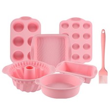 Acidea Nonstick Silicone Bakeware Set, 7pcs Baking Cake Pan, Pink, Pink
