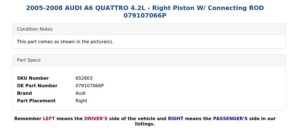 2005-2008 AUDI A6 QUATTRO 4.2L - Right Piston W/ Connecting ROD 079107066P - Image 3 of 4