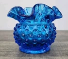 Vtg Fenton Hobnail Vase Ruffled Crimped Colonial Blue 70s Grannycore Cottage