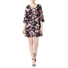 J Howard Shift Dress 8 Black Pink Floral Ruffled Bell Sleeve Feminine Boho Chic
