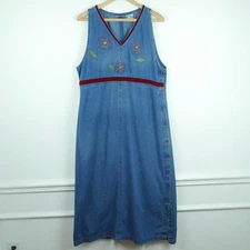 Vintage Large Denim Pinafore Dress Embroidered Teacher 90s Modest Grunge Midi