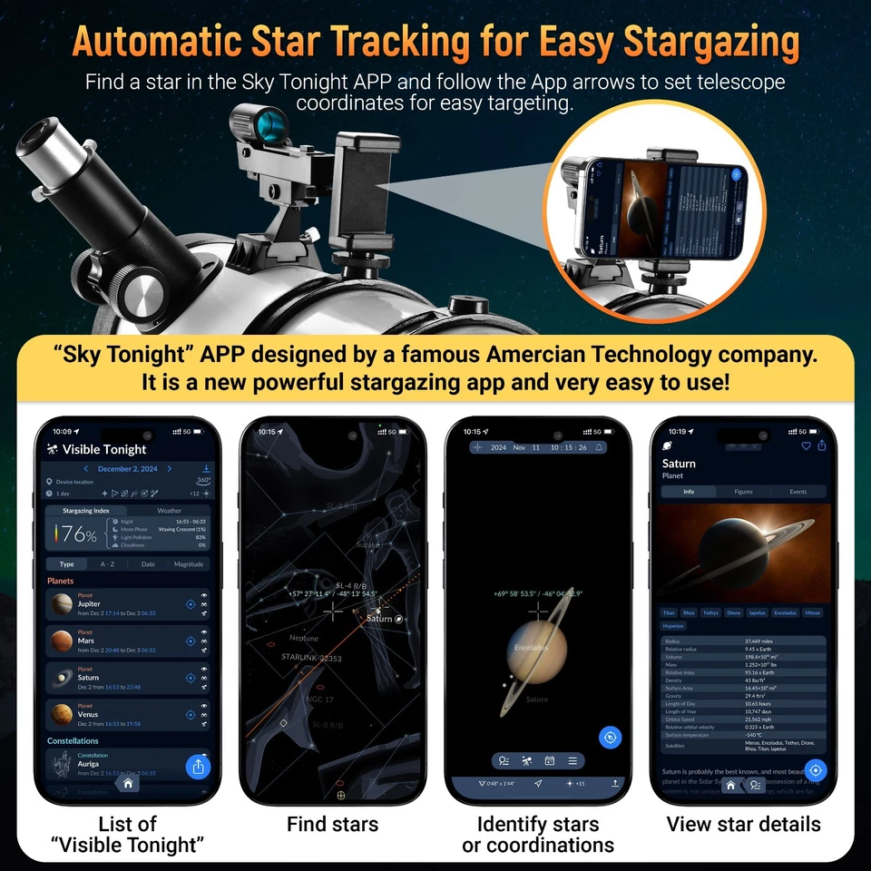 130mm Reflector Telescope with Upgrade Stainless Steel Tripod Stargazing APP - Image 4 of 4