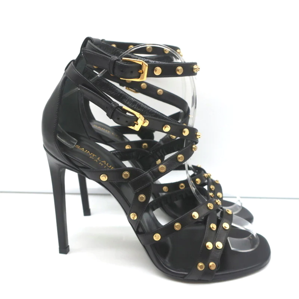 Sandali con borchie Saint Laurent Jerry in pelle nera taglia 39 tacchi con cinturini NUOVI