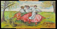 Vintage acrylic on canvas. May dance, P. Percher, signed in paint lower right