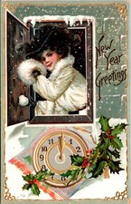 New Year Postcard Woman Tossing Snowball Out Window Clock at Midnight