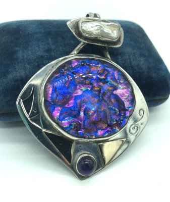 David Lee & Sassi LaMuth Dichroic Glass Pearl Amethyst Sterling 14k Gold Pendant